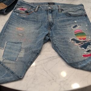 Ralph Lauren Light Blue Distressed Jeans with Multicolor Patchwork